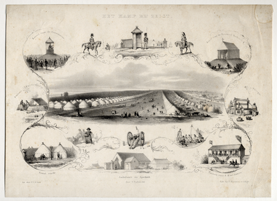 206403 Gezicht op het kamp bij Zeist met randafbeeldingen van verschillende onderdelen.01-01-1850-31-12-1853